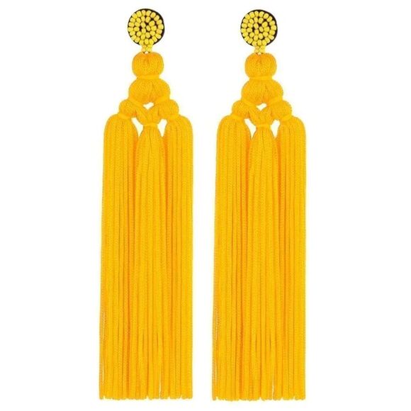 BijouStudios Earrings Jewelry - Long Yellow Hand Woven Tassel Knot Fringe Boho Dangling Drop Post Back Earrings
